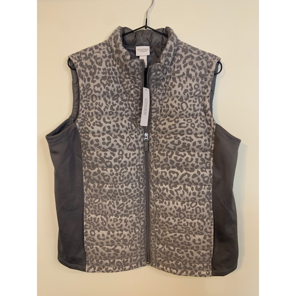 Chico's Puffer Vest Womens 2 Gray New Leopard Print Quilted Zip Up Mock Neck